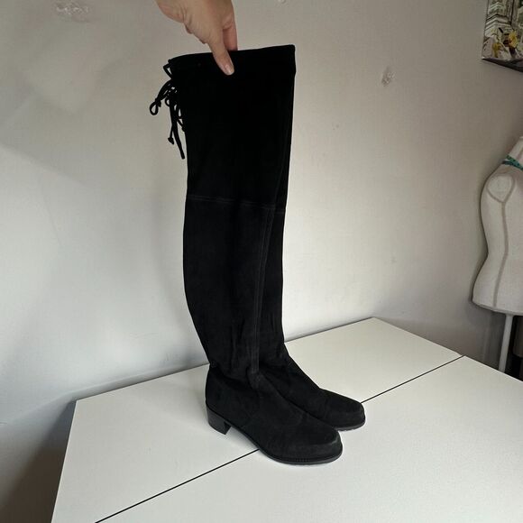 Stuart Weitzman Black Suede Lowland Over-The-Knee Flat Heel Lace up Boots 7 - Picture 3 of 16
